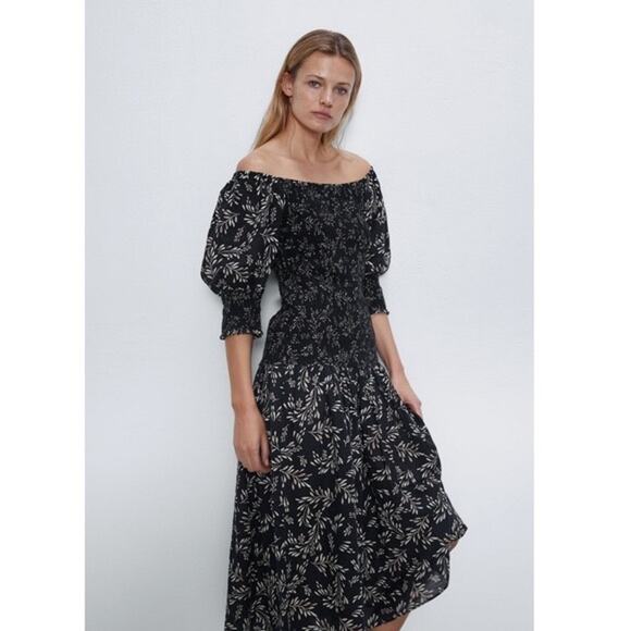 Zara Dresses & Skirts - NWOT ZARA Dress M Linen Floral Off/On-Shoulder Puff-1/2-Sleeve Fit&Flare Smocked